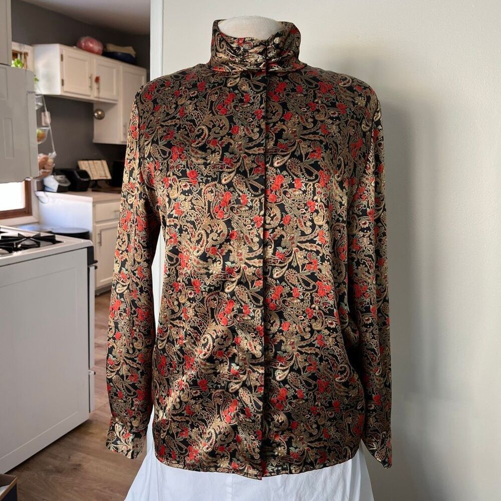VTG Leslie Fay Paisley Floral High-Neck Blouse Romantic 90s